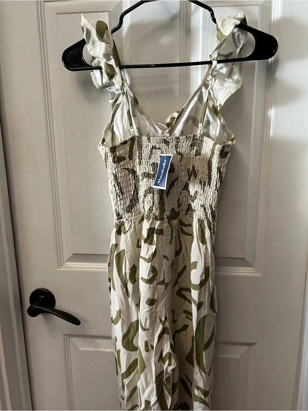 Cream jumpsuit with Olive Green Leaf Print and Tie Straps